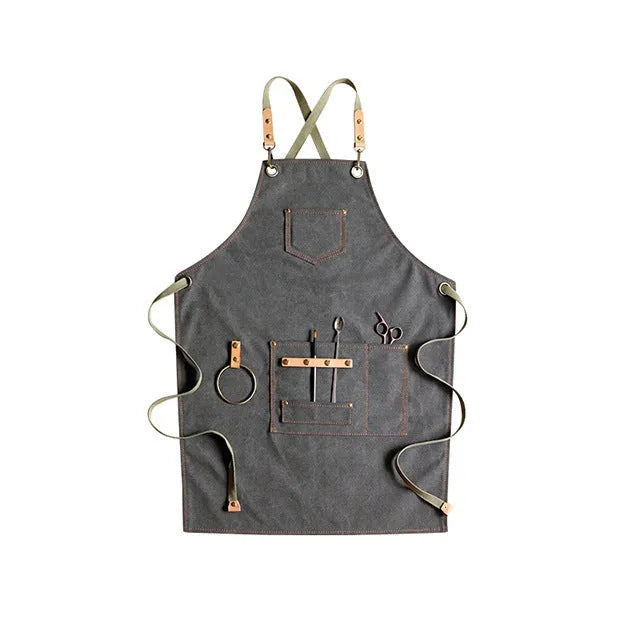 Canvas apron with cross straps in camel colour for baking and gardening work