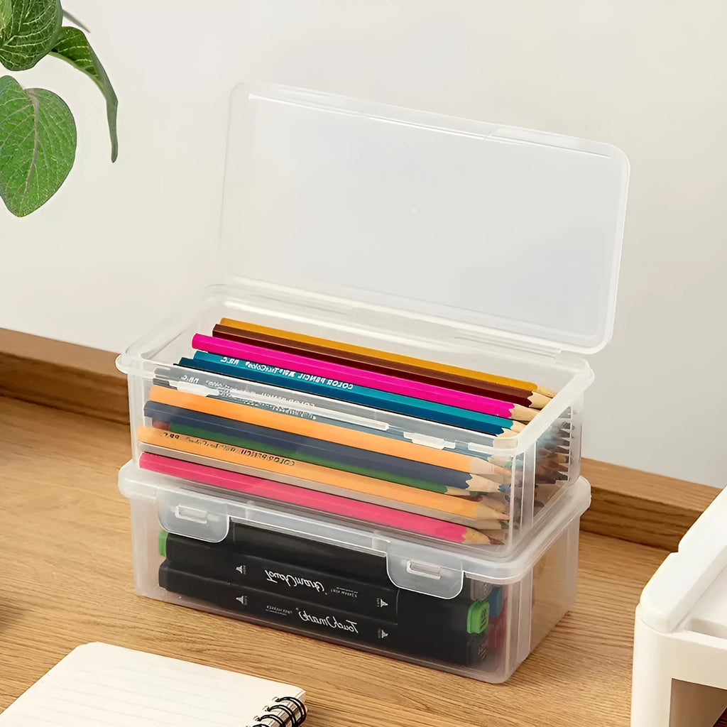 Transparent plastic stationery storage box for pencils, crayons, and art supplies