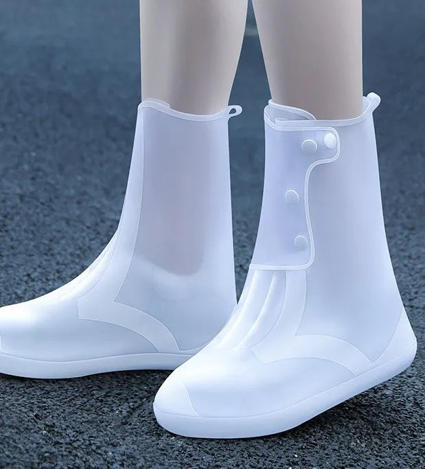 Women's reusable white PVC waterproof high-top shoe covers for outdoor rain protection