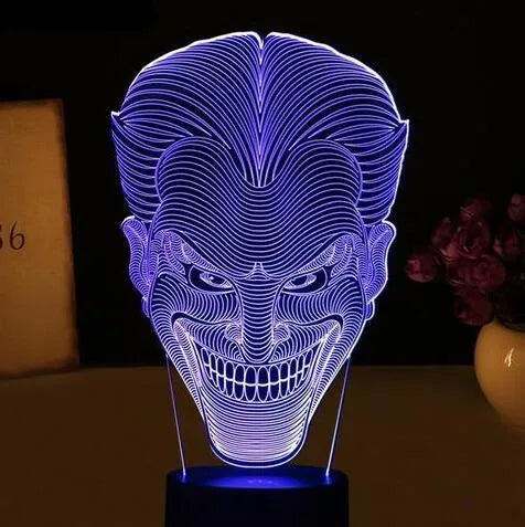 3D LED acrylic table lamp with USB cable and remote control showing multiple colour options