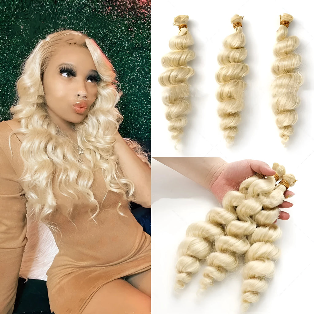 Golden synthetic hair weft wig for women showing three length options on display