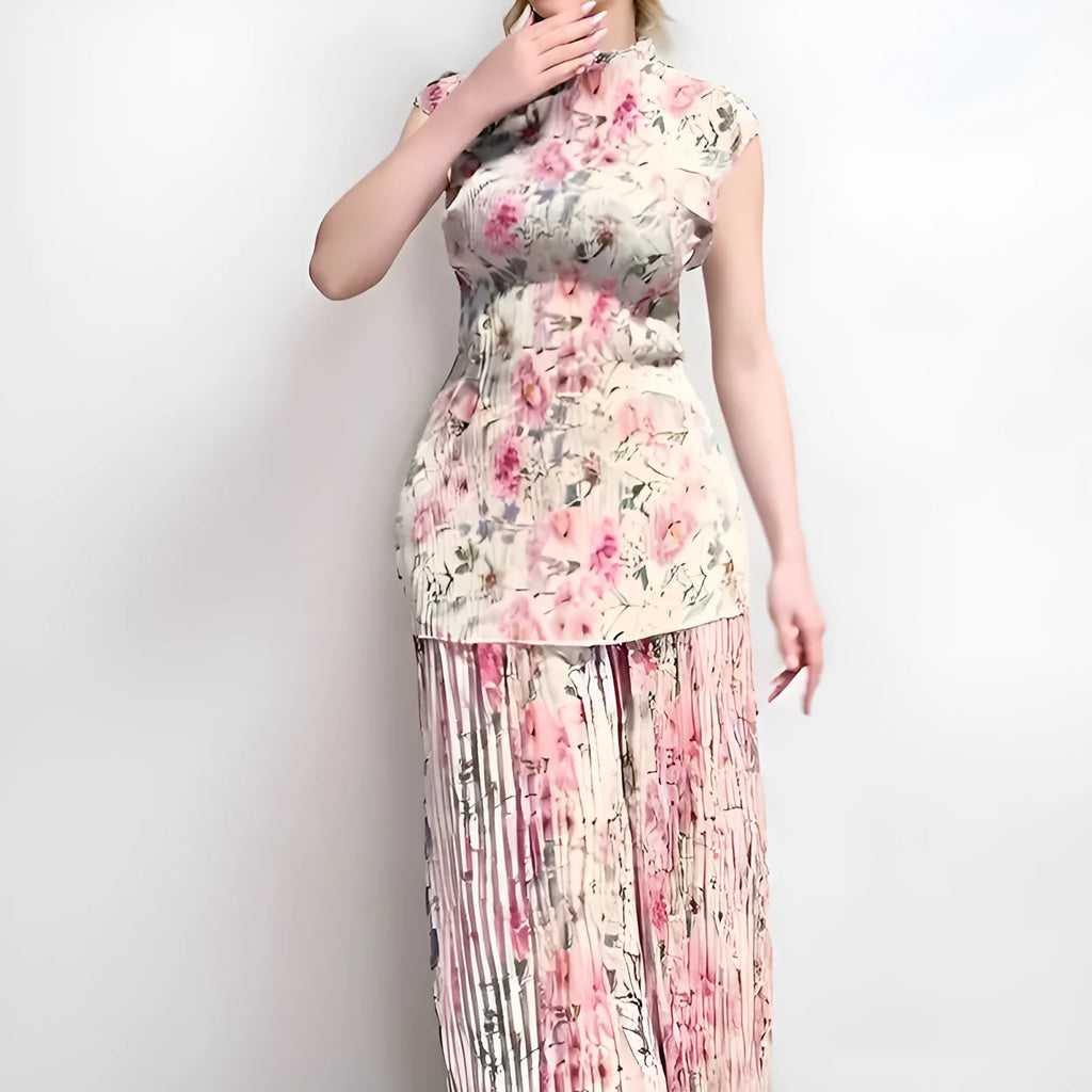 Long sleeve printed chiffon dress set with matching top and high waist design