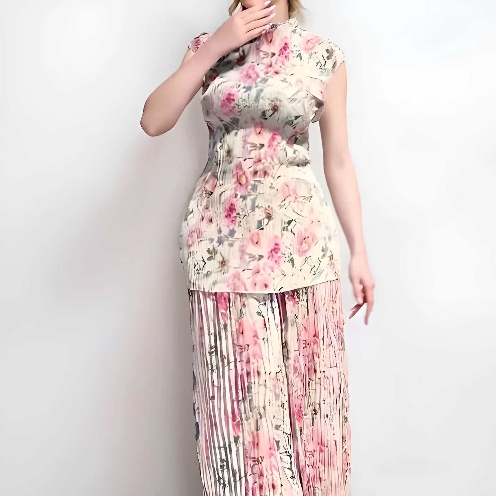 Long sleeve printed chiffon dress set with matching top and high waist design