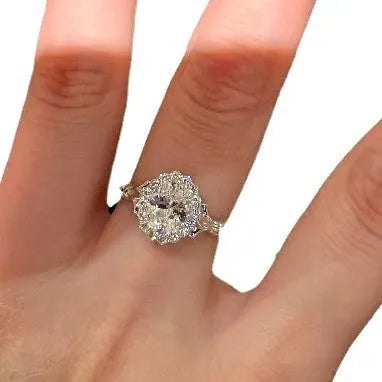 Silver geometric ellipse ring with diamond treatment and adjustable opening mechanism