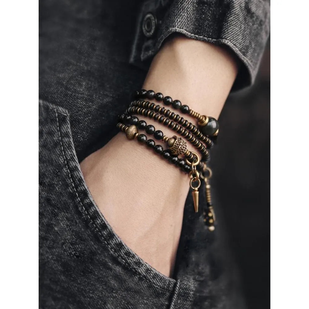 Black geometric multi-layered beaded bracelet with colourful retro beads and adjustable fit