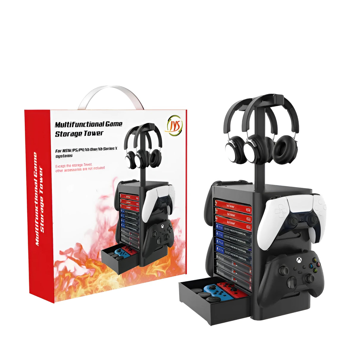 Black ABS plastic gaming accessory storage rack with hooks and a drawer for controllers and headphones