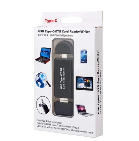 Black USB 3.0 memory card reader with Type-C connector for SD and TF cards