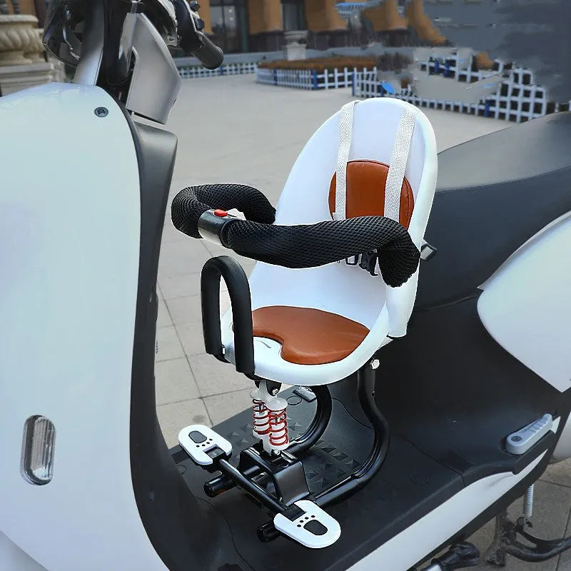 Front baby safety seat attachment for battery scooters with high carbon steel frame