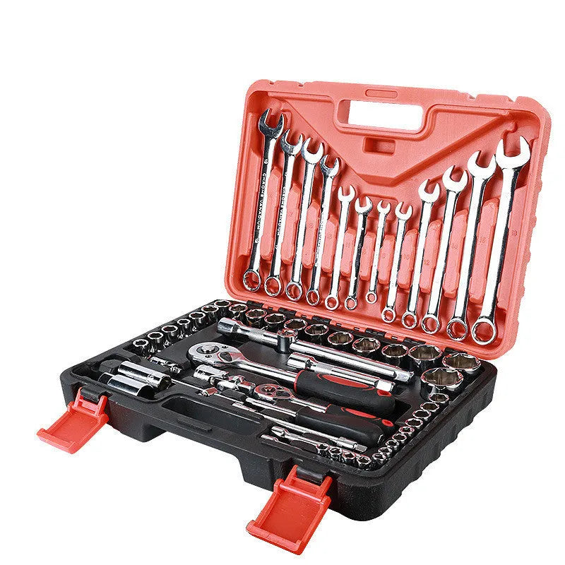 61-piece auto repair socket and wrench set with chrome vanadium steel tools in storage box