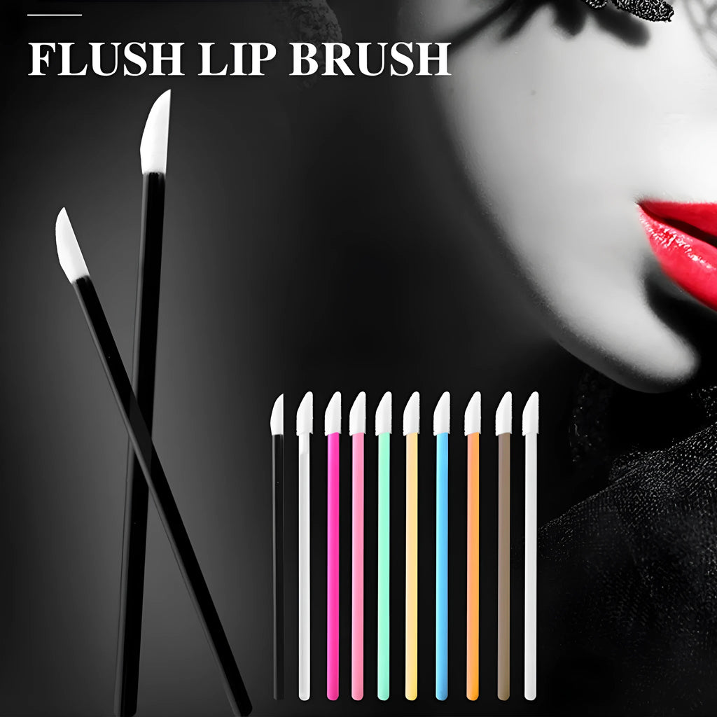 Pack of disposable flocked lip brush applicators with coloured handles on a white surface.