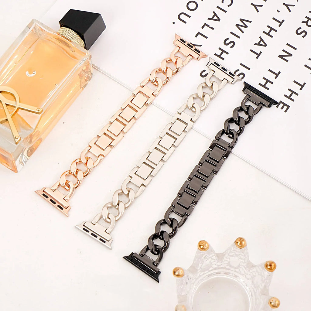 Metal denim chain watch strap for Apple Watch in silver, black, gold, rose gold, or starlight colour.