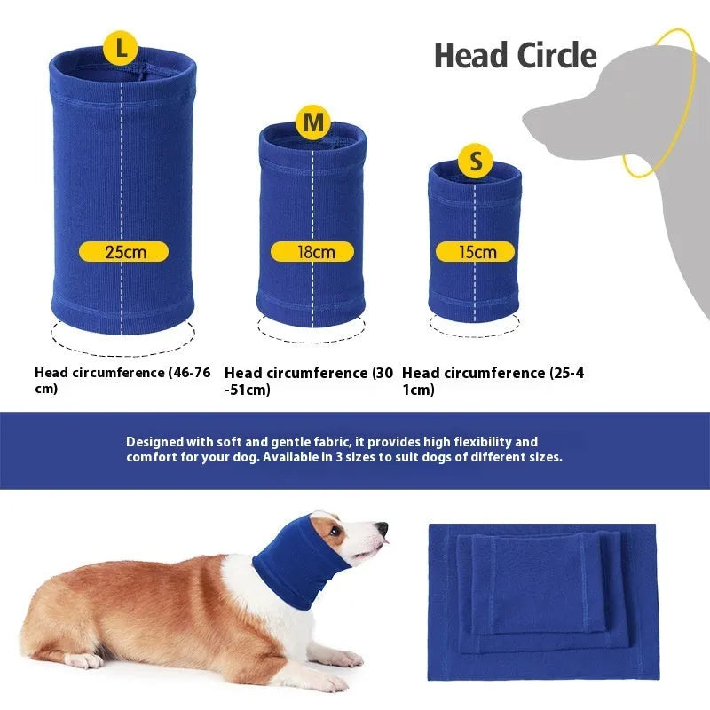 Blue and grey polyester dog headband scarf shown in small, medium, and large sizes