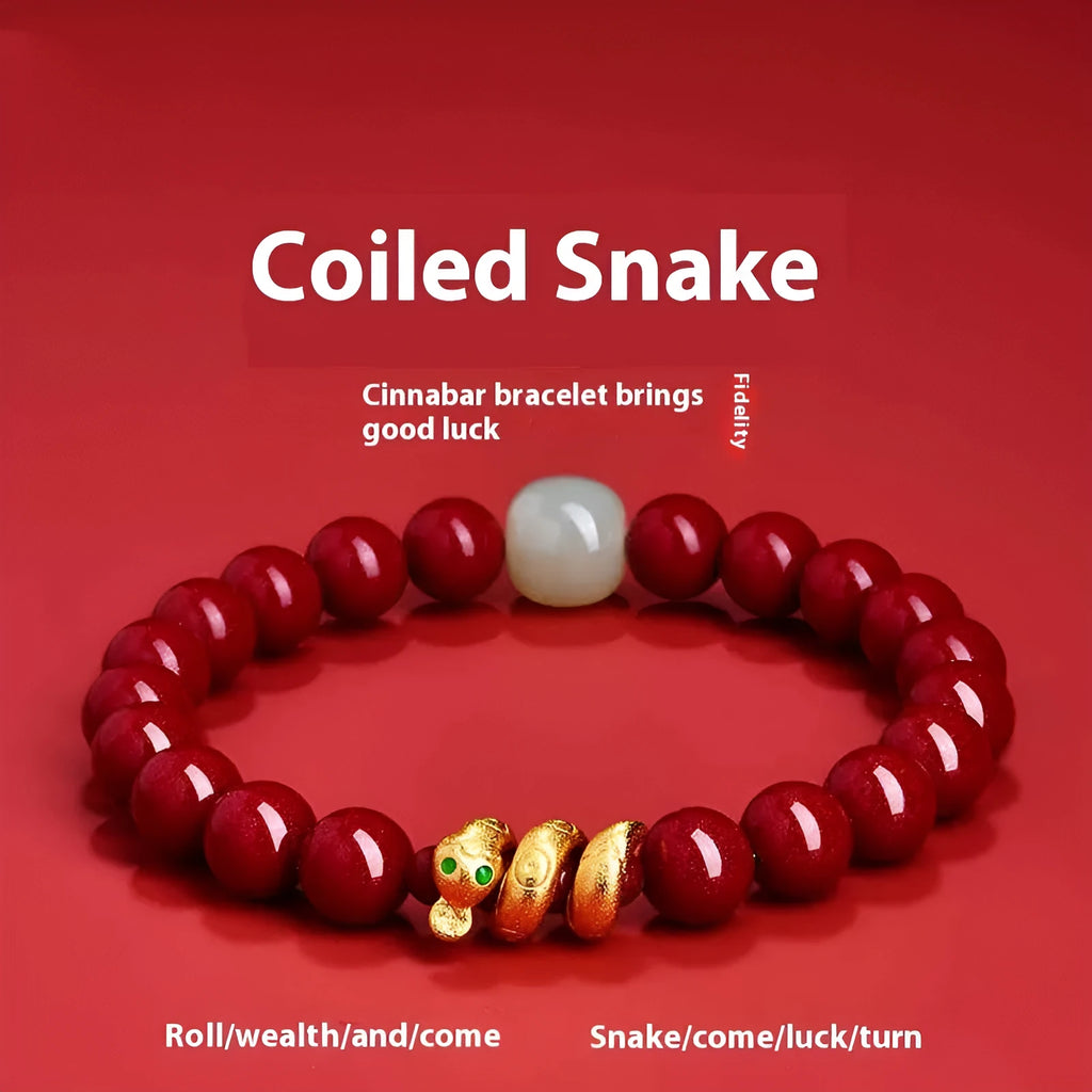Handmade red cinnabar Snake zodiac bracelet with traditional Chinese animal motif