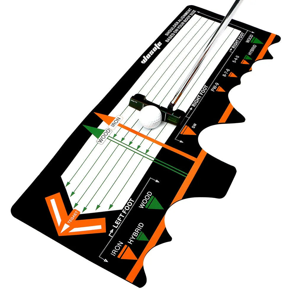 Black neoprene golf swing posture aid mat on grass, showing its compact size and alignment markings.