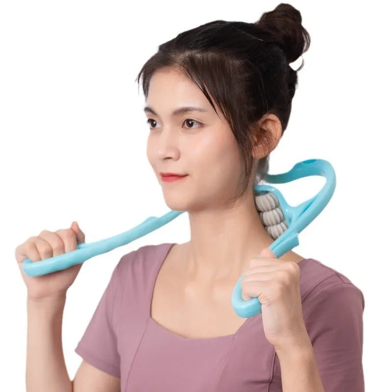 Blue plastic handheld massager with six white wheels for neck, shoulder, and waist.