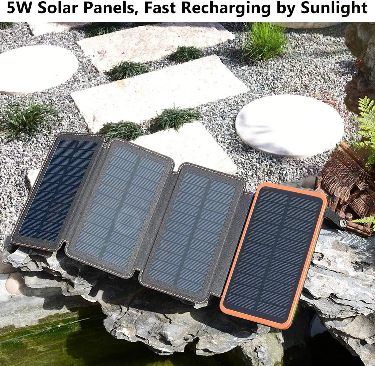 Outdoor solar power bank in black with solar panel, LED light, and soft leather exterior.