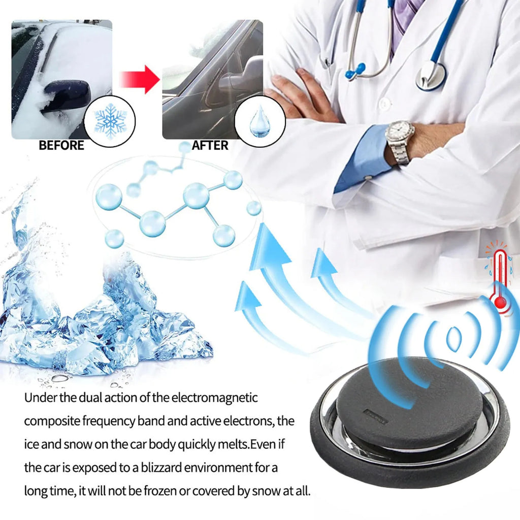 Compact black portable car deicing and snow melting instrument, 7.4 cm square.
