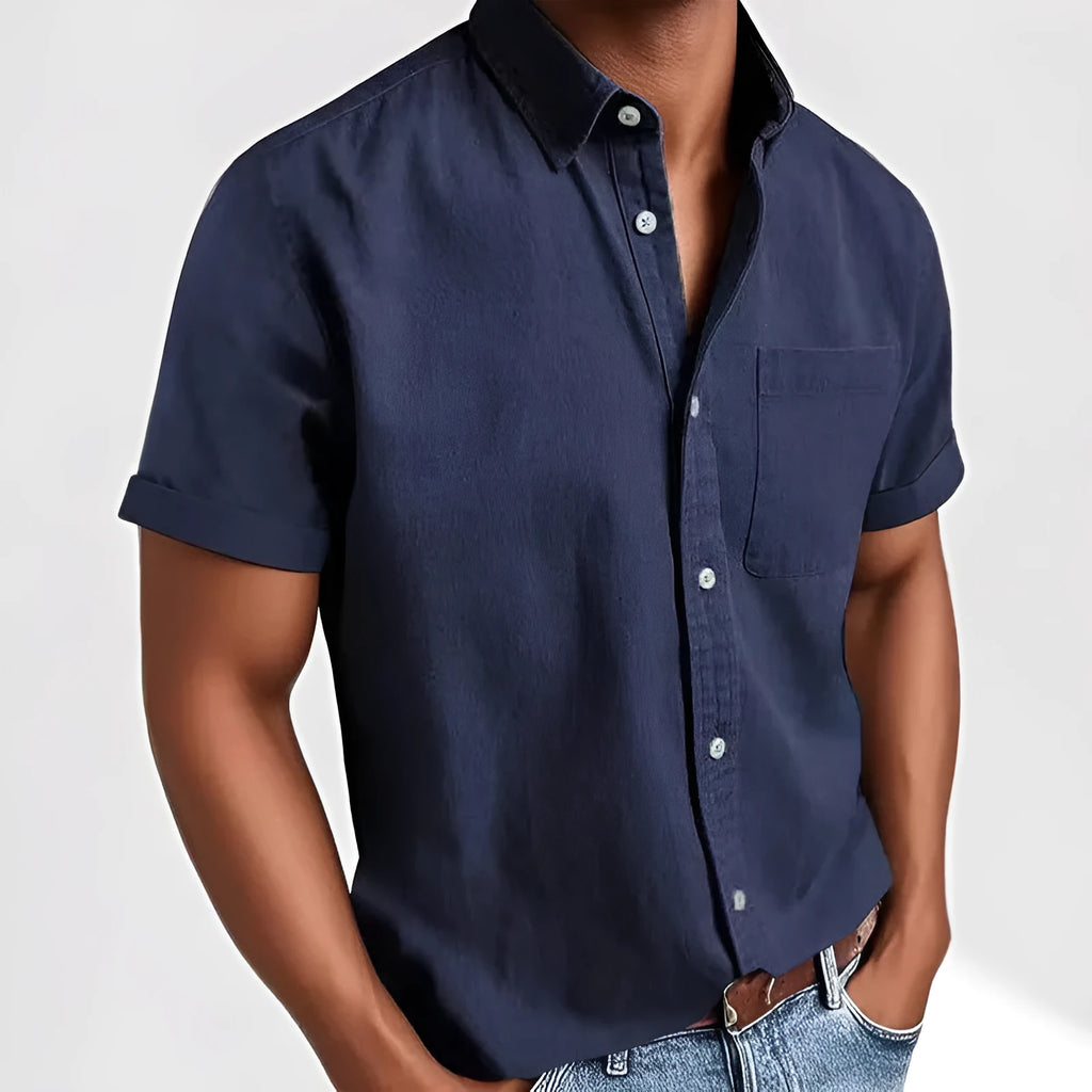 Men's loose fit short sleeve casual shirt in a cardigan style, shown in multiple colours.