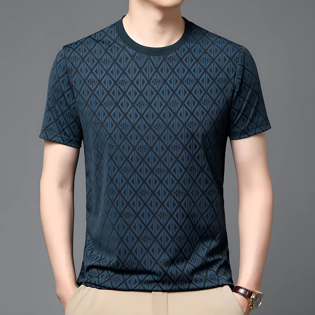 Men's loose fit ice silk polyester T-shirt in black, blue, dark green and caramel colours