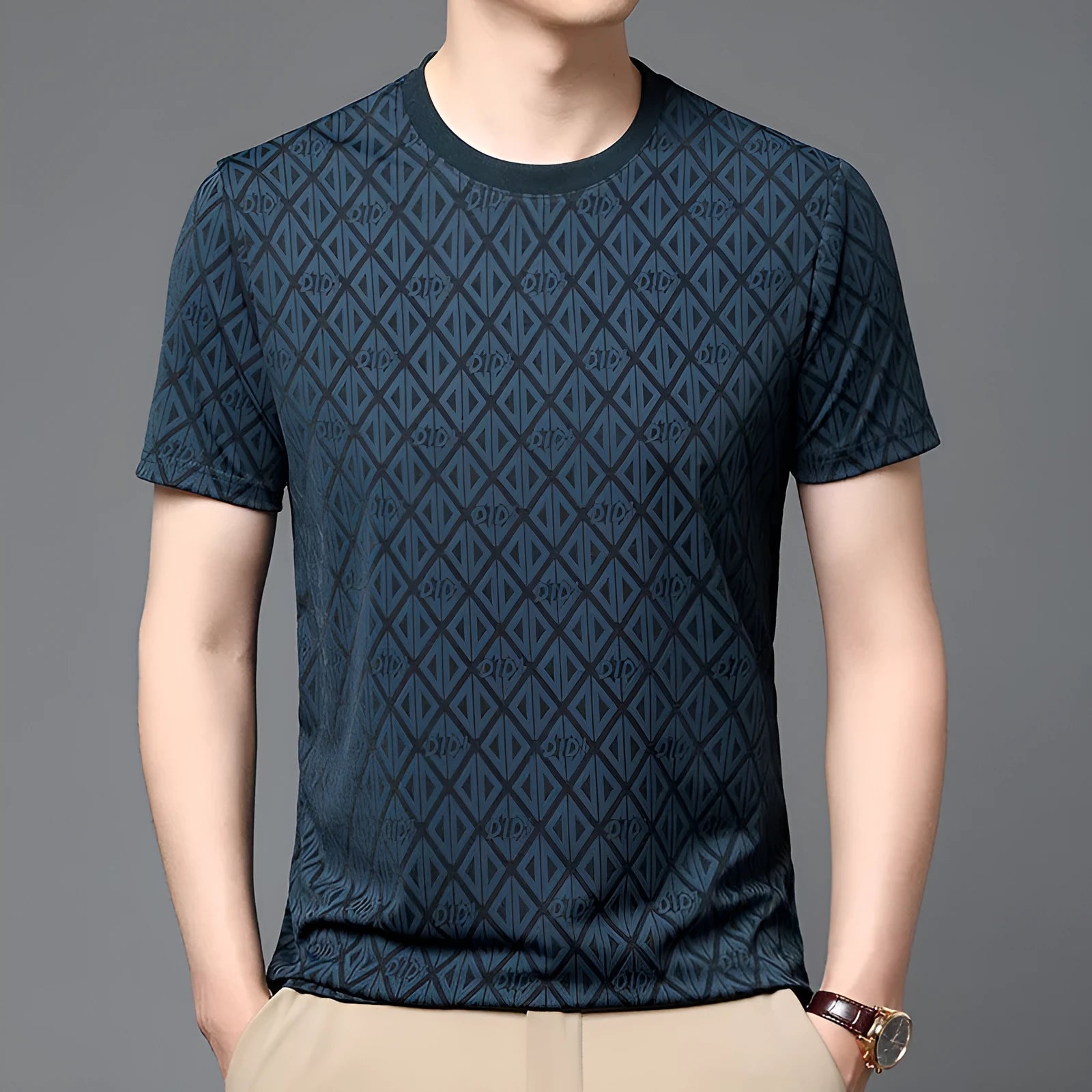 Men's loose fit ice silk polyester T-shirt in black, blue, dark green and caramel colours