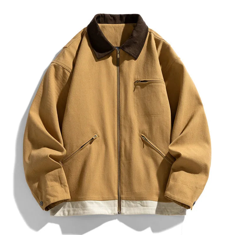 Men's Korean style loose fit jacket with contrast lapels in polyester fabric