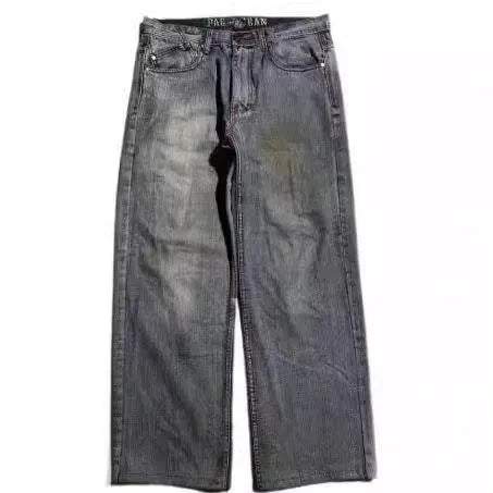 Grey washed-out wide-leg denim jeans for men with a retro workwear design and straight leg opening.