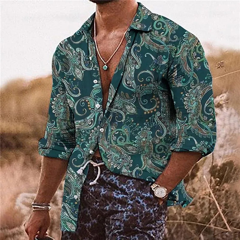 Men's loose fit long sleeve shirt with a colourful 3D floral pattern print on polyester fabric