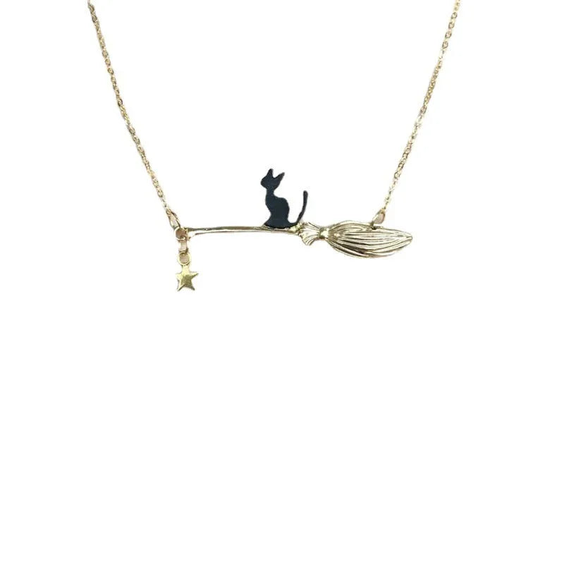 Halloween black cat alloy necklace with zodiac animal totem pendant charm in gold finish