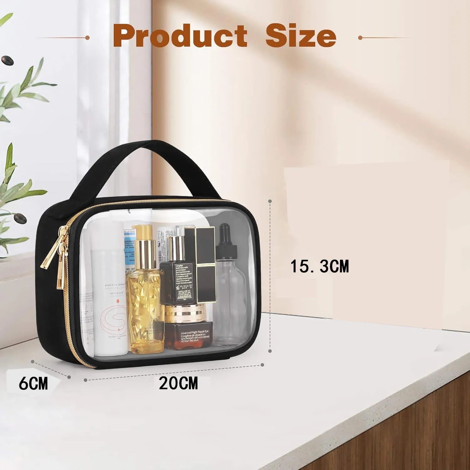 Transparent PVC wash bag with chain handle showing cosmetics inside