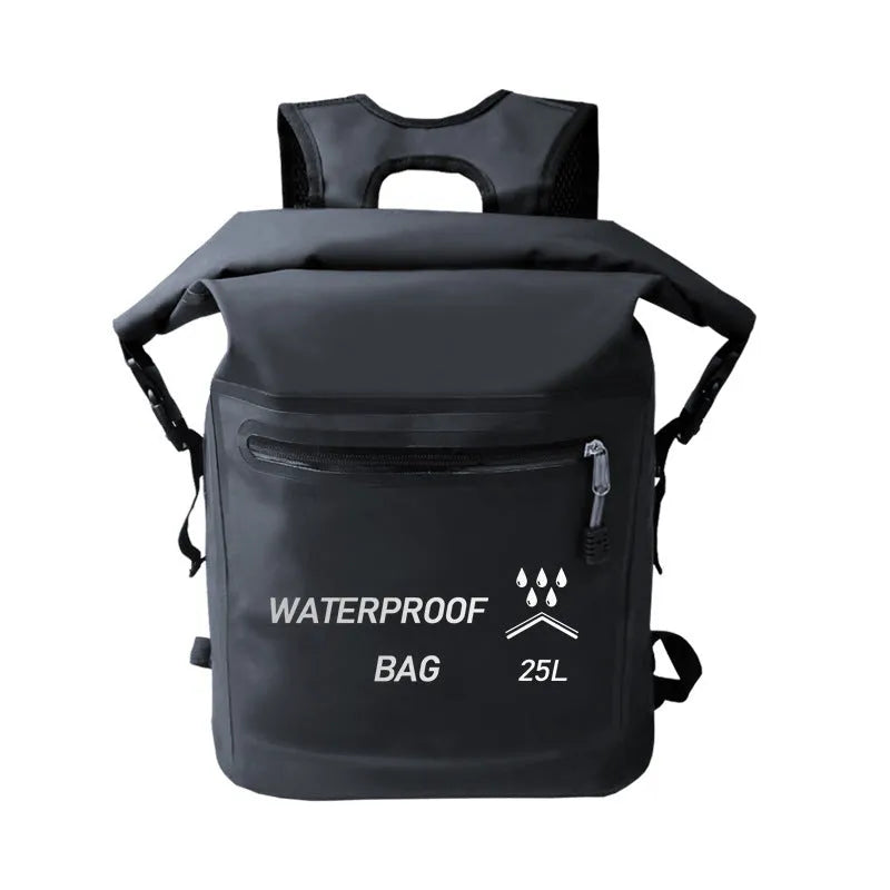 Black 25L outdoor waterproof backpack for swimming river tracing rafting