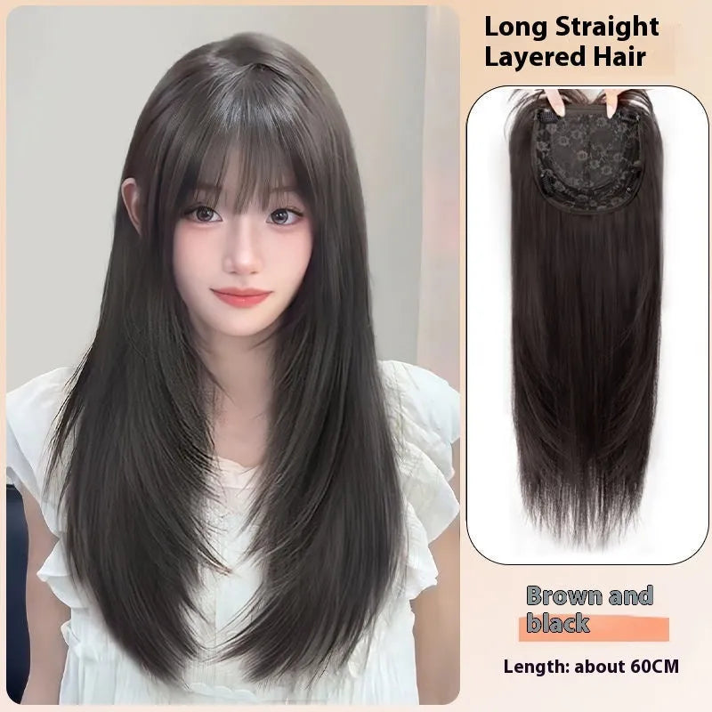 Black long straight high-layered full-head wig on a wear-free hair net base.