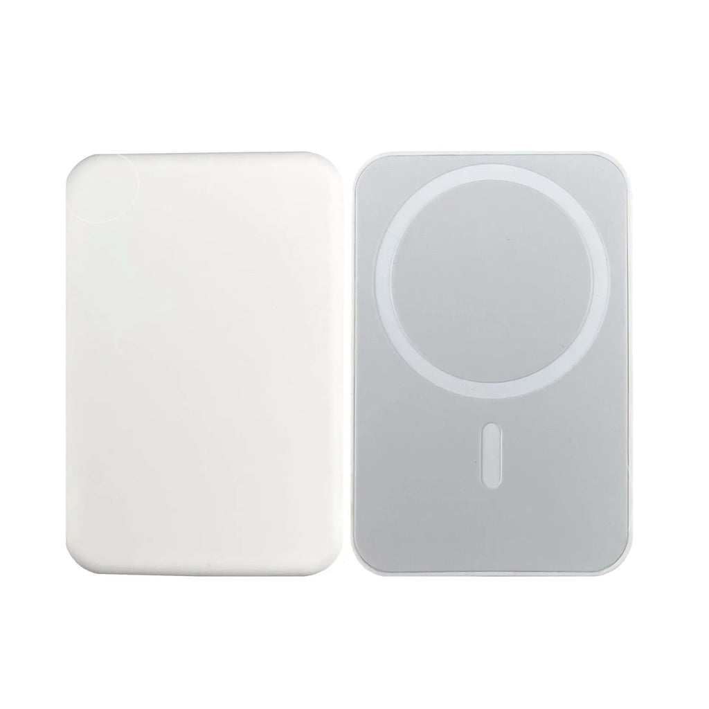White magnetic wireless charging power bank with 5000mAh capacity measuring 100x65mm