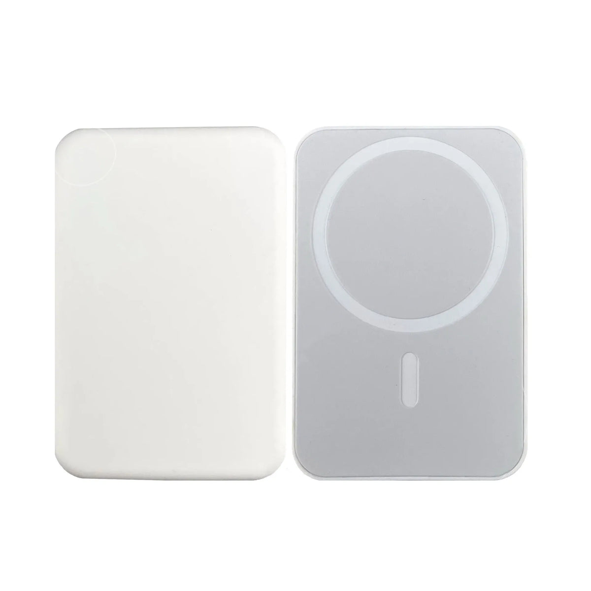 White magnetic wireless charging power bank with 5000mAh capacity measuring 100x65mm