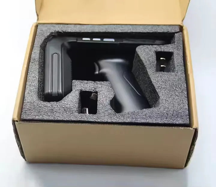 SLP-05 handheld Android UHF RFID reader and scanner unit on a warehouse shelf.