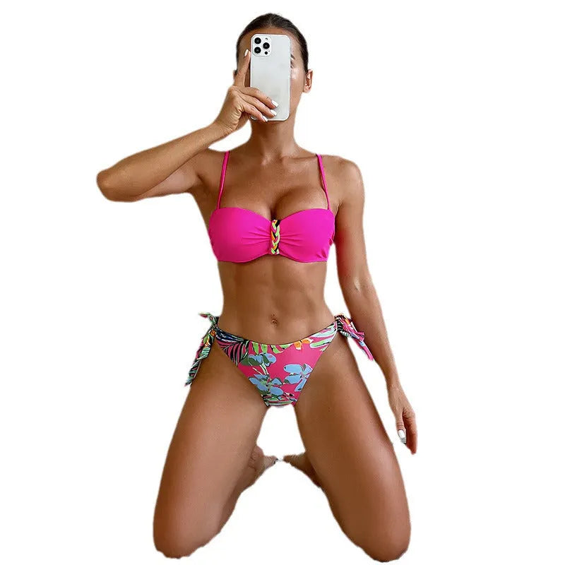 Rose red women's bikini swimsuit with braided rope design details
