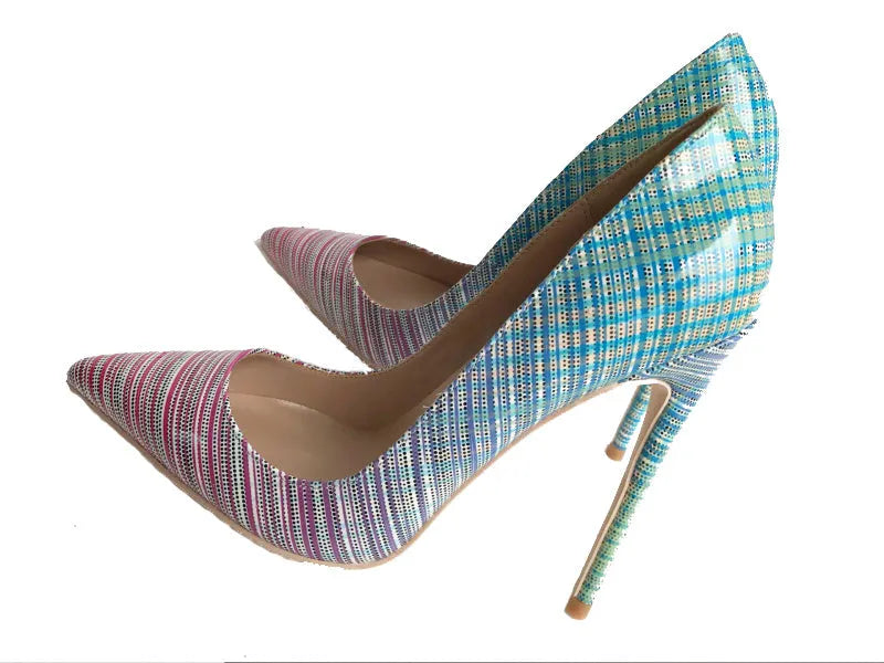 Ladies pink blue gradient patent leather pointed toe heels with sheepskin insole