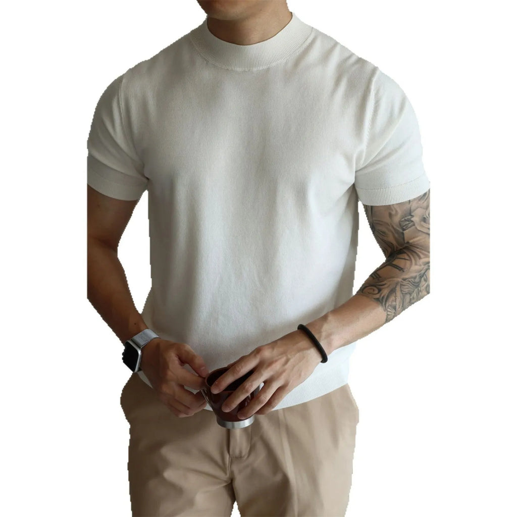 Men's slim-fit polyester t-shirt in thin knit fabric, shown in solid caramel colour