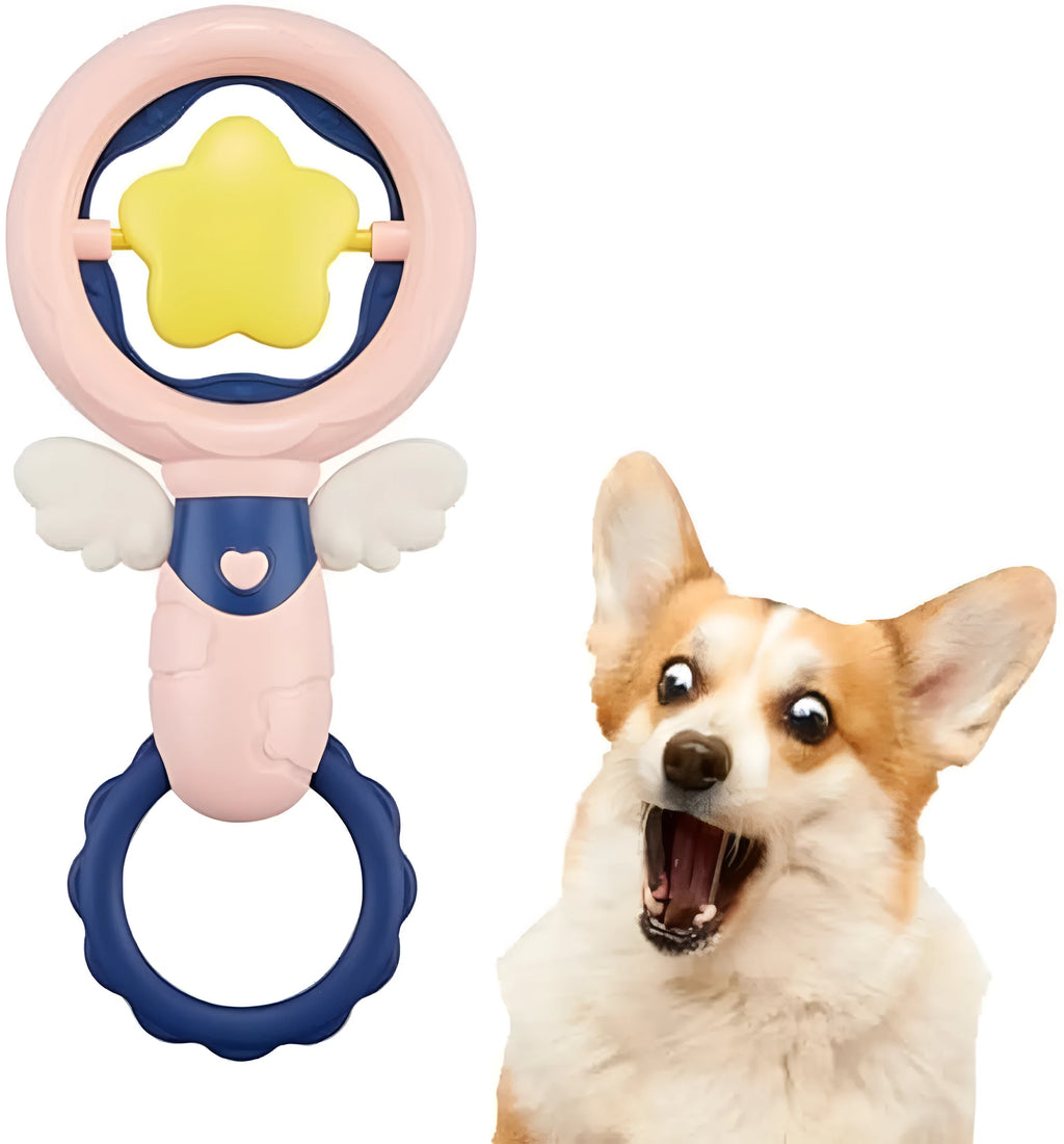 Pink interactive dog chew toy set with squeaky, dental and large breed toys on white background.