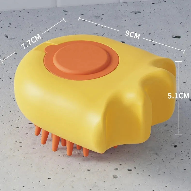 Colourful pet bath brush with integrated shampoo box for dogs and cats in blue, orange, or yellow