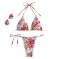 Women's triangle bikini with multicolour print and hanging neck design in separate swimwear system