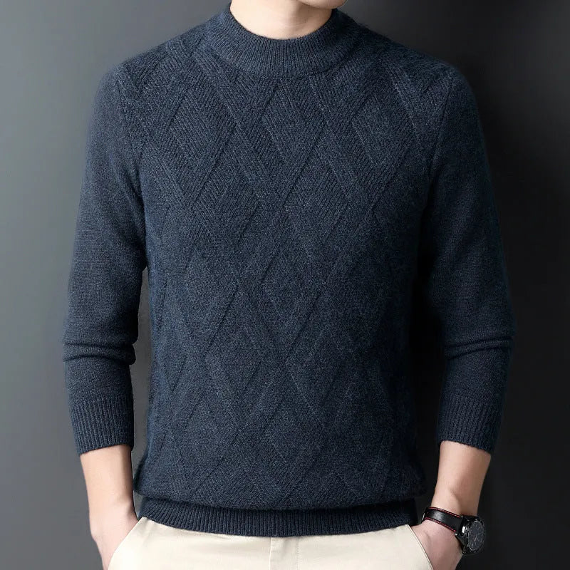 Men's diamond jacquard winter thermal sweater in wool blend fabric shown in light camel colour