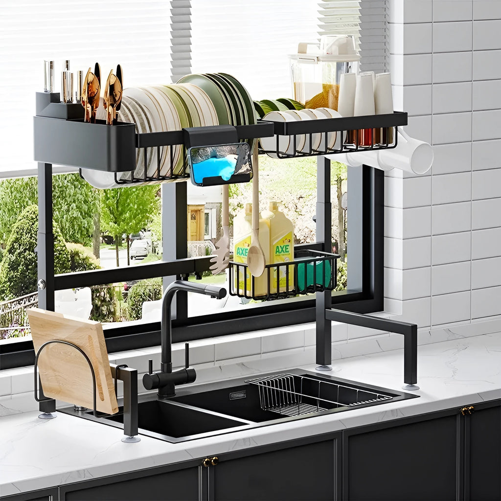 Black metal retractable sink draining rack for water pots, shown for sink or table top use