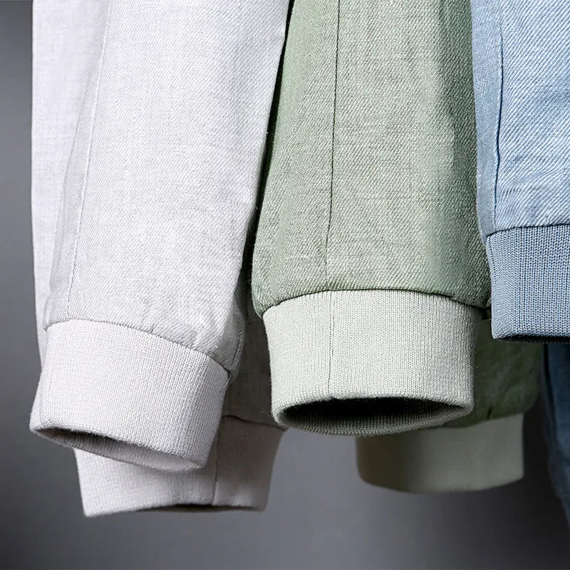Men's thin cotton jacket in blue, regular fit, shown on a model for leisure wear.