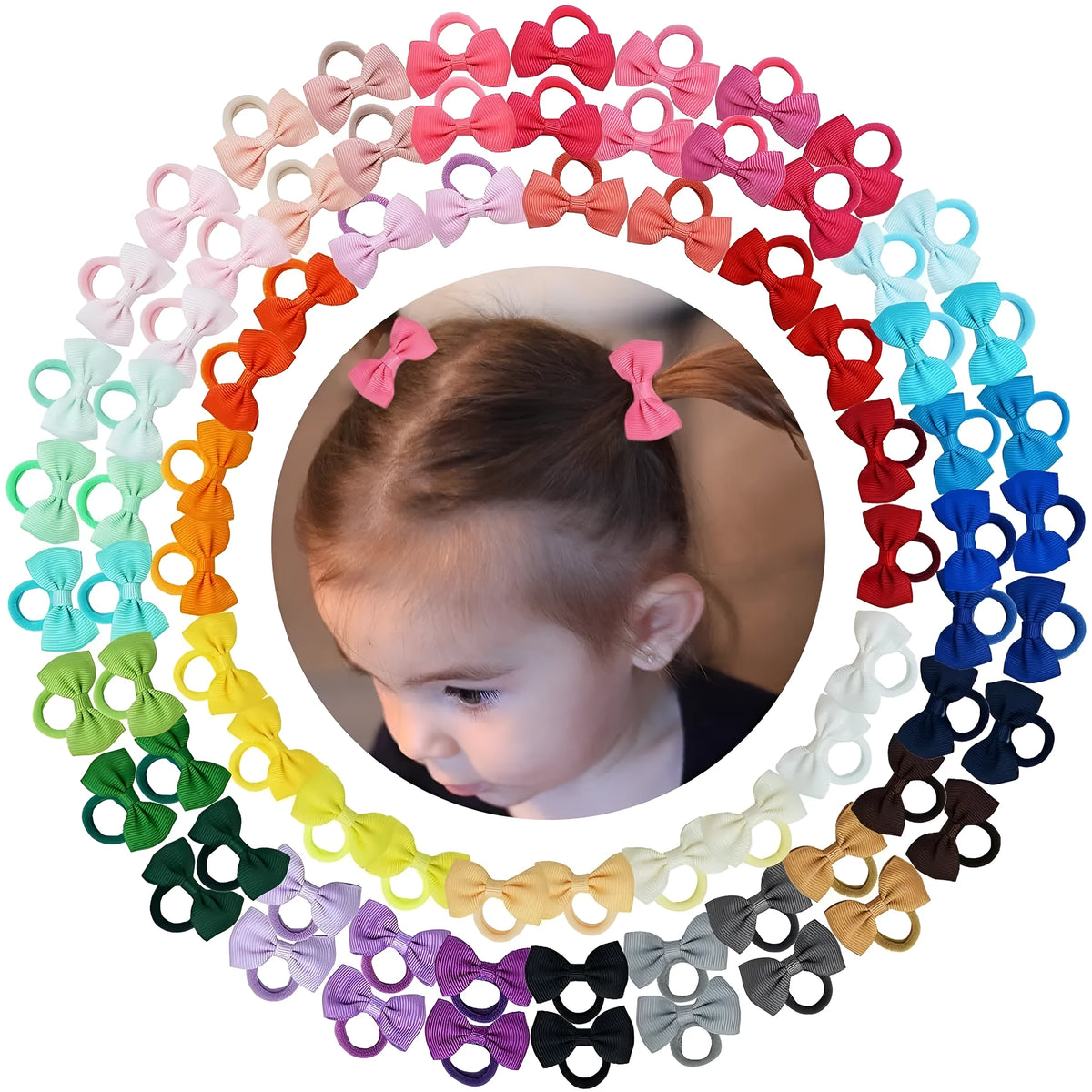 80-piece multi-coloured baby hair ties with grosgrain ribbon bows on elastic bands for infants and toddlers