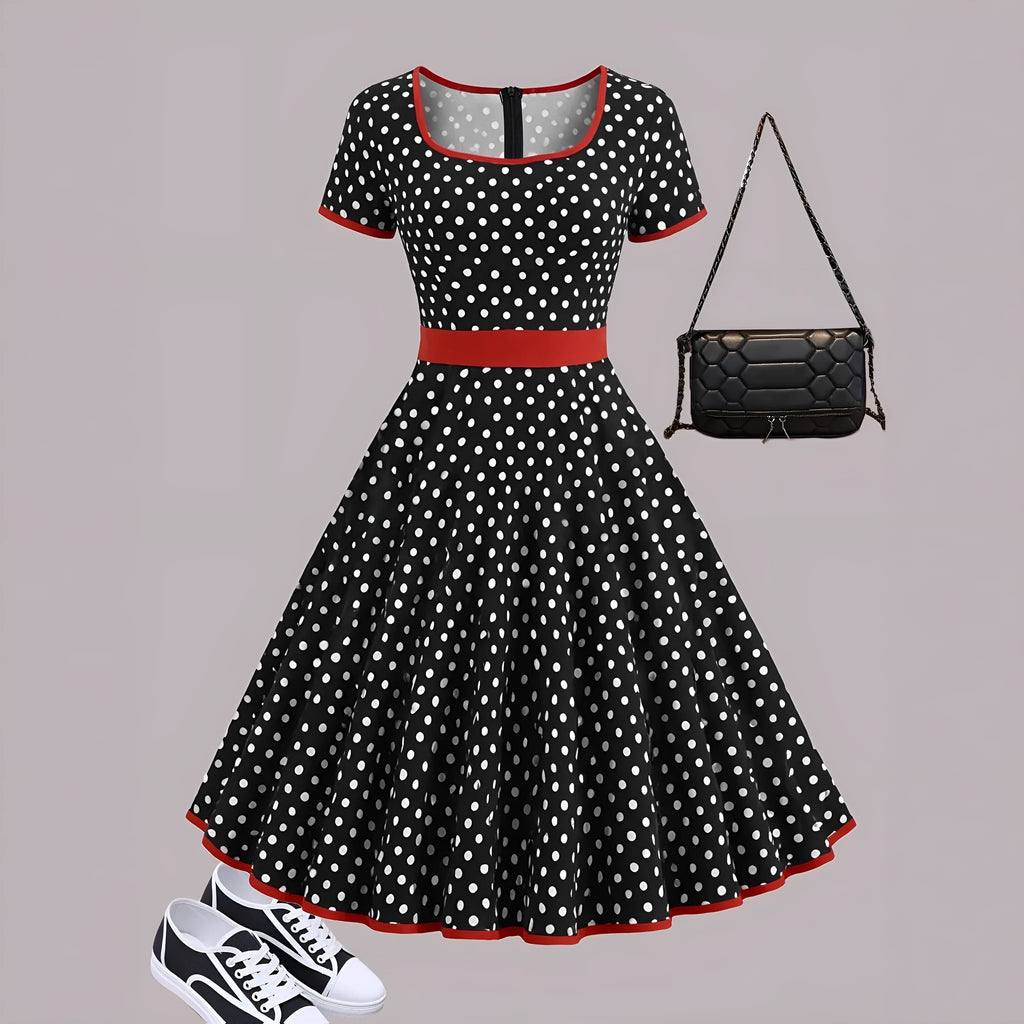 Women's polka dot pleated midi dress with square collar and front zipper closure
