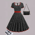 Women's polka dot pleated midi dress with square collar and front zipper closure