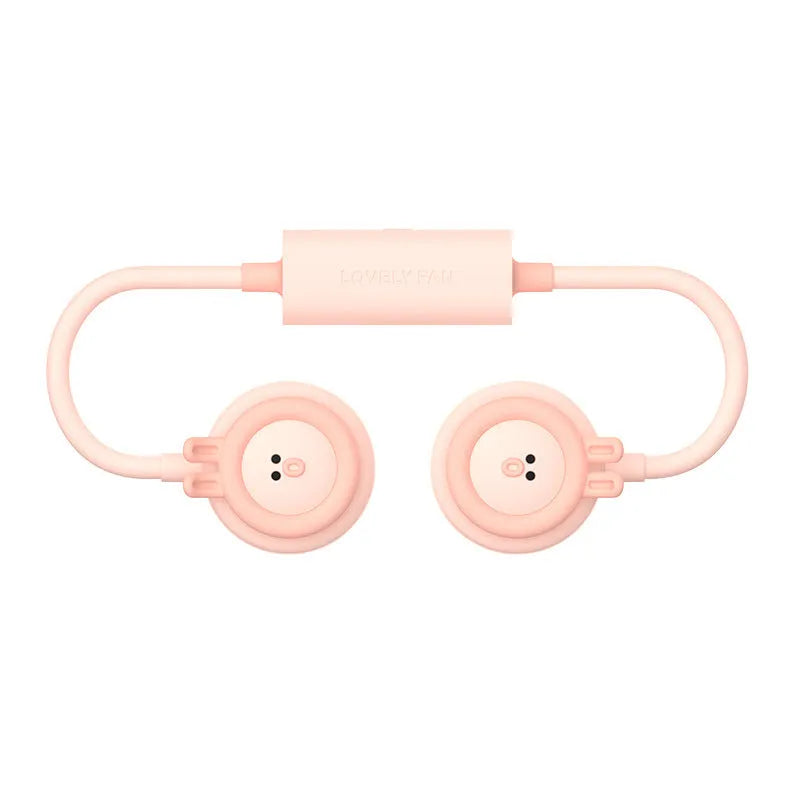Pink and blue foldable leafless hanging neck fan with USB charging port