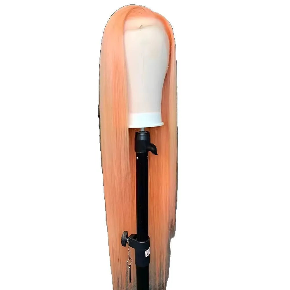Light orange long straight synthetic wig with front lace and side bangs on a model.