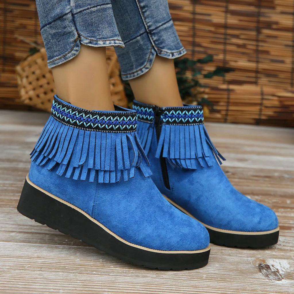 Women's suede wedge ankle booties with side zipper and thick rubber sole in black colour