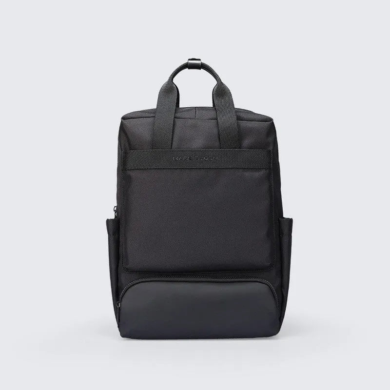Black lightweight Oxford cloth computer backpack showing internal organisational compartments